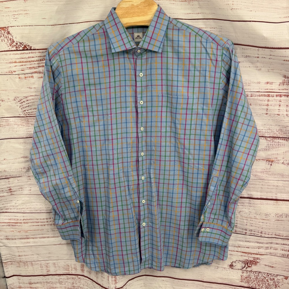 Peter Millar Shirt Mens 2XL Long Sleeve Button Down Plaid Cotton Casual Preppy